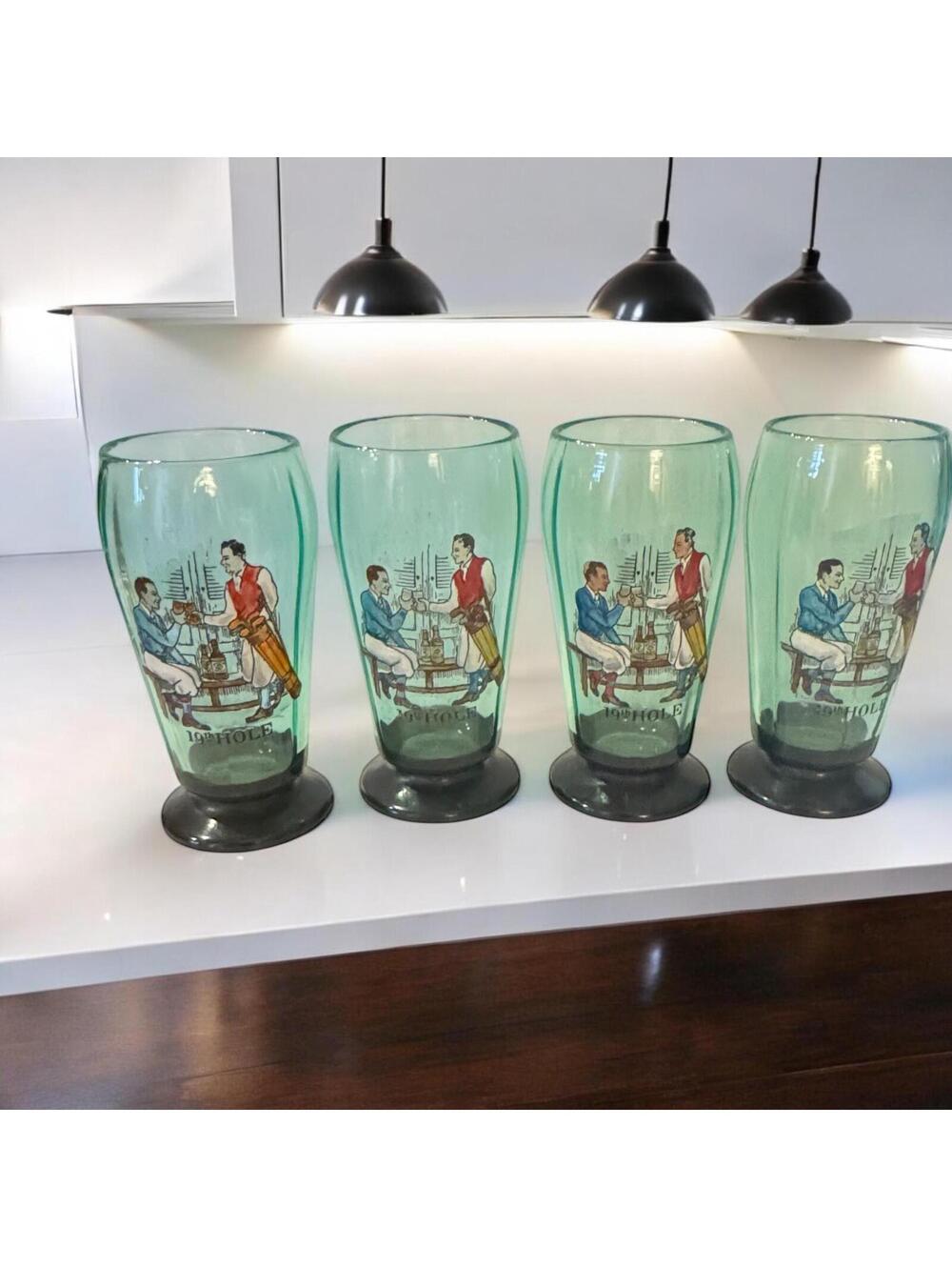 Six sided Mold Uranium Glass Beer Drink Glasses Golfers on Nineteenth Hole